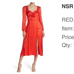 NSR Long Sleeve Tie Front Midi Dress
